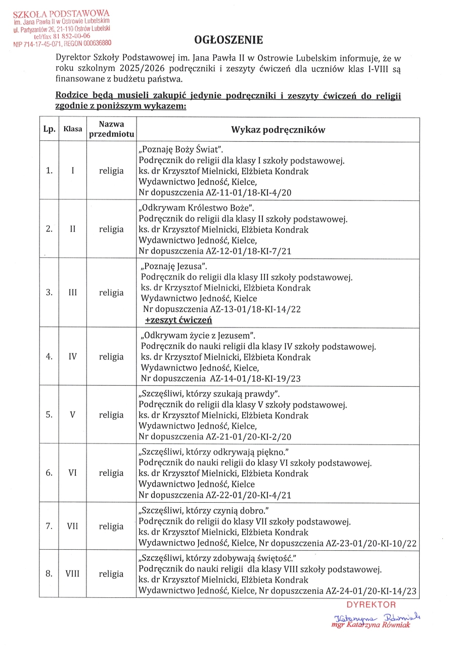 Plik do pobrania z wykazem podręczników do religii w zakładce                                     Podręczniki 2025/2026